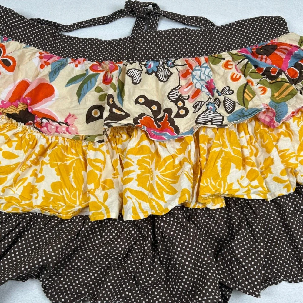 Pier One Boho Half Apron 3 Tiered Ruffle Layers Polka Dot Floral See‎ Desc